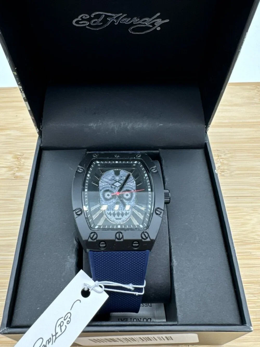 Ed Hardy Men's Crystal Skull Dial Watch Black Tonneau Case Navy Strap